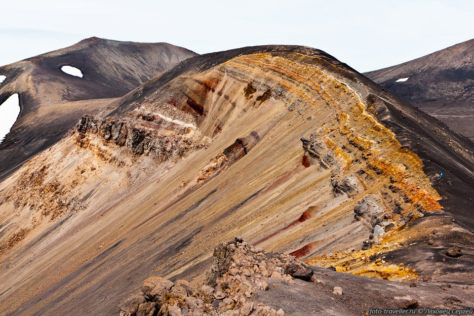 Разноцветная кромка кратера вулкана Татаринова