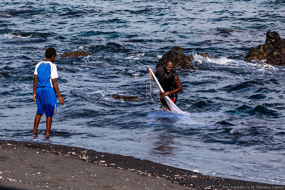 Рыбаки ловят рыбу бросанием сети с берега