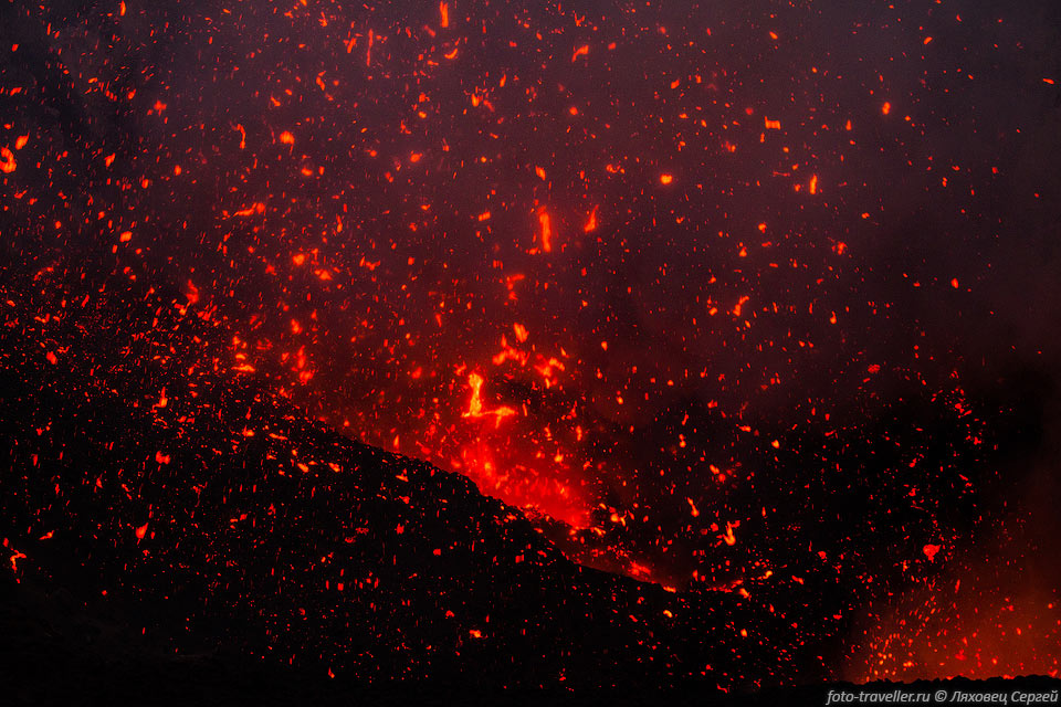 Зрелище невероятное! 
Куски лавы подлетают в воздух, падают на стенку кратера уже камнями и скатываются 
вниз.