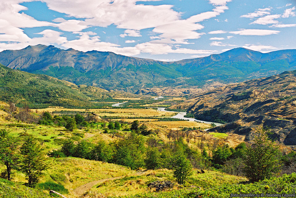 Желто-зеленая долина.
Река Пайне (Rio Paine) является главной рекой парка.