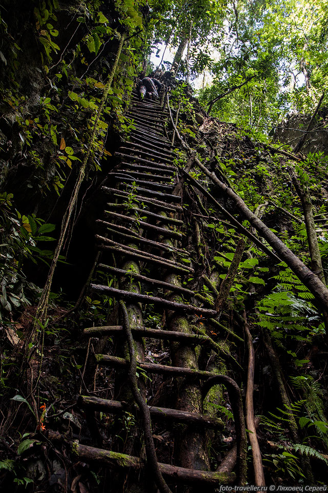 Пещера Бомбил-Пек (Cuevas de B’ombi’l Pek) значительно интереснее 
предыдущей.
Спуск в огромный провал происходит по скользкой деревянной лестнице, сбитой гвоздями 
из ветвей деревьев.
Ступени подгнившие и скользкие. Рядом лежит полностью сгнившая старая лестница.