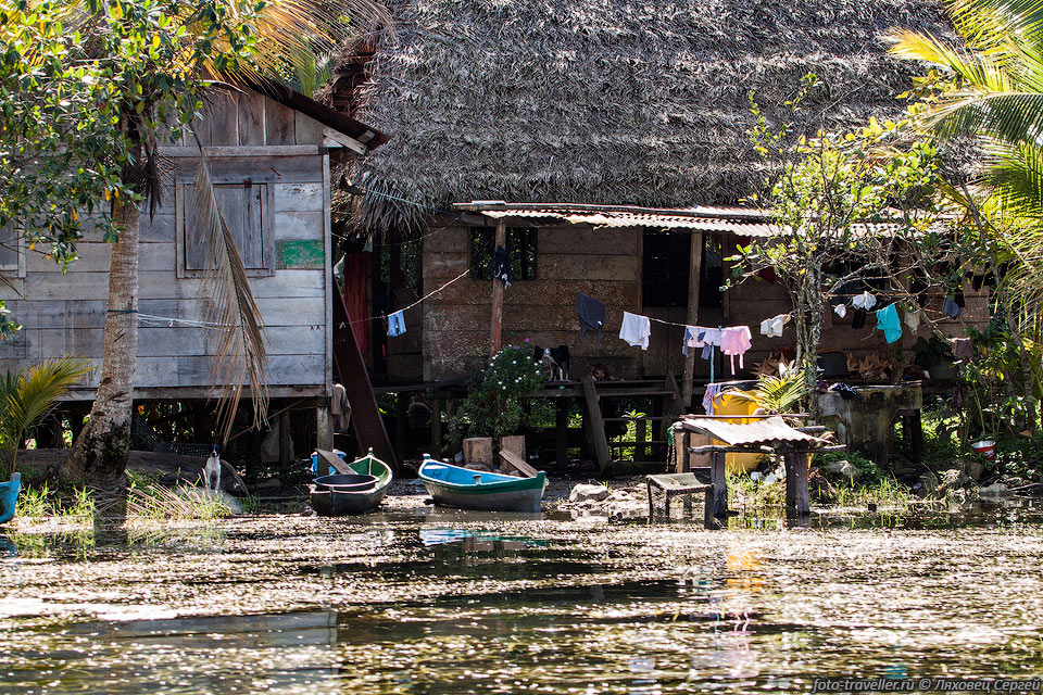 Жилище гватемальцев на речке Рио-Дульсе.
Без лодки даже из дому не выйдешь.