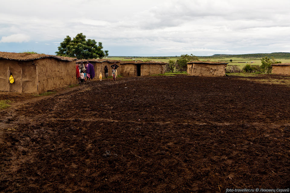 Деревни масаев представляют собой круглую ограду,
по периметру которой расположены дома, а в центре расположен загон для скота