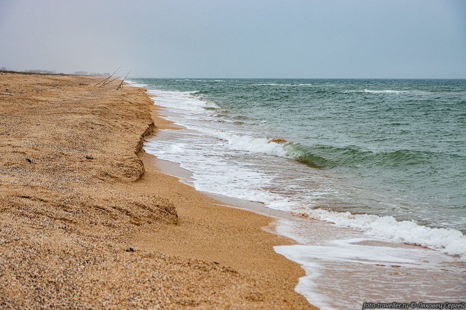 Ракушечный пляж на берегу Азовского моря на Арабатской стрелке