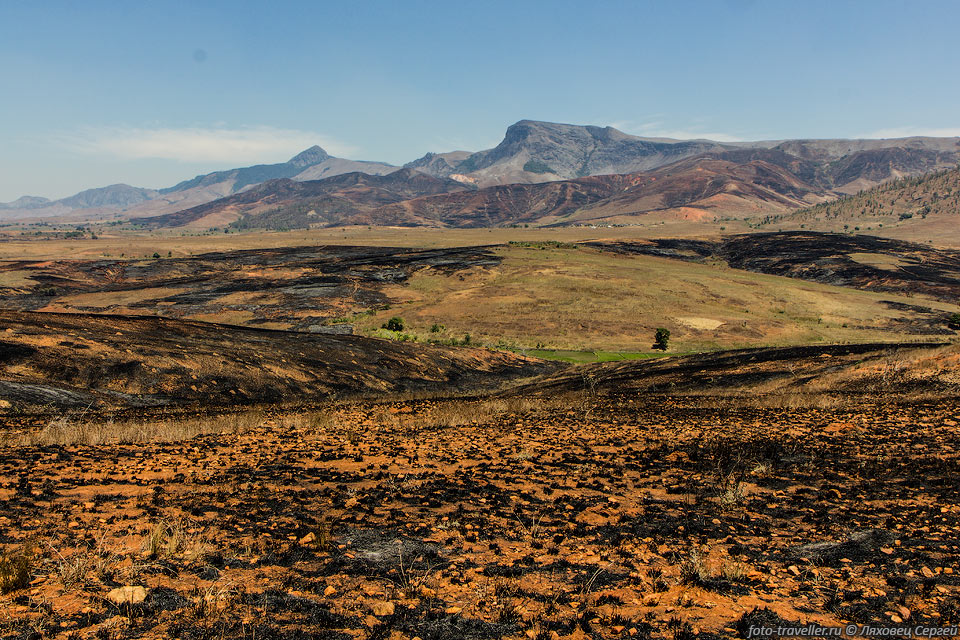 За пределами парков тоже можно много чего интересного увидеть, 
но вся территория Мадагаскара очень используется. 
Исходного леса практически нет, используется подсечно-огневое земледелие, поля выжигаются, 
везде пожары.
