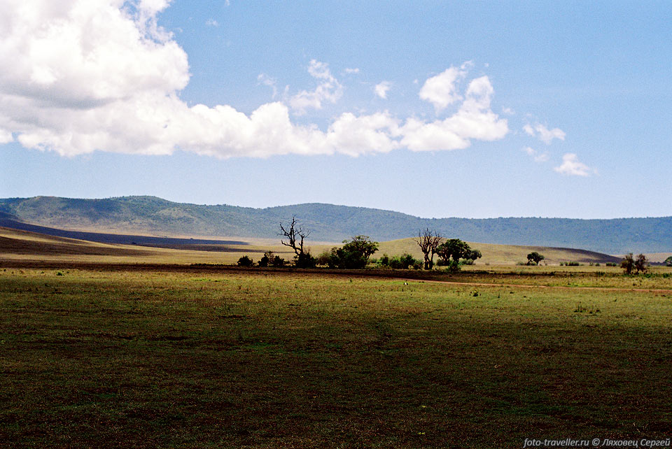 Над кратером Нгоронгоро ветер носит облака, 
которые оставляют темные следы на дне кратера.