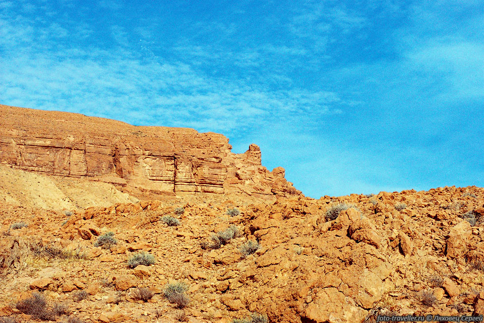 Раскаленные камни и голубое небо. Суровый пейзаж пустынных гор.