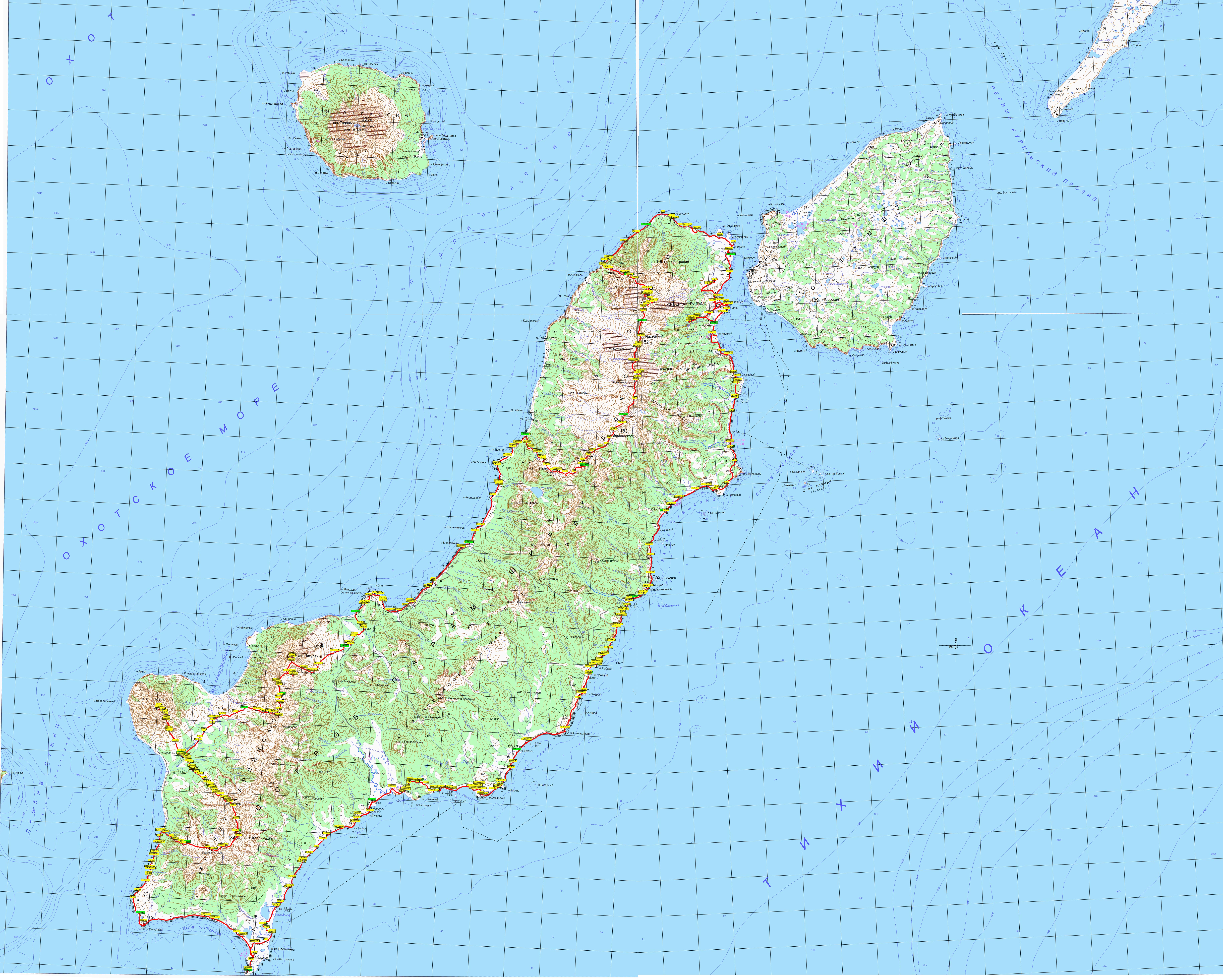 Карта острова Кунашир подробная